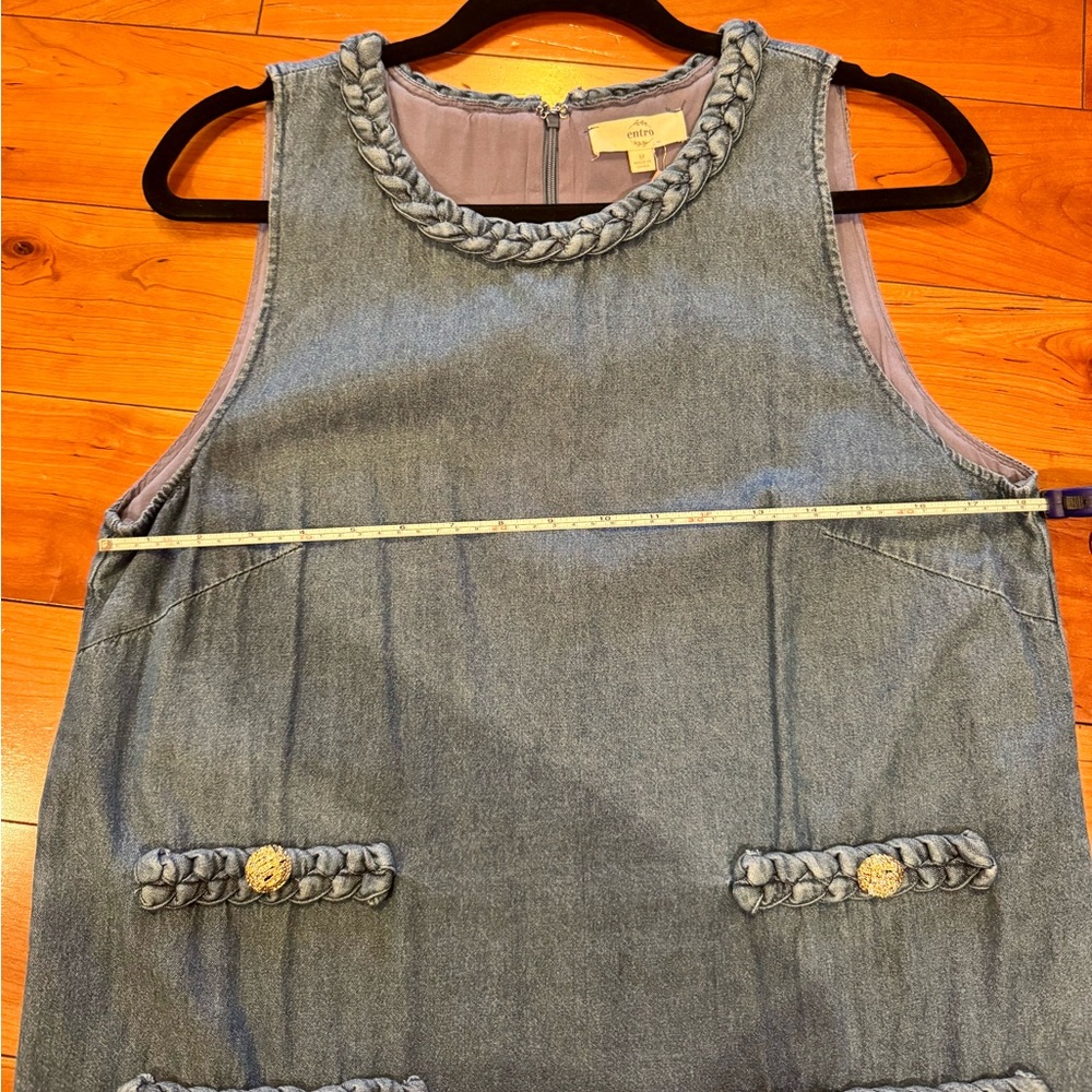 Entro Sleeveless Blue Denim Mini Dress with Decorative Gold Buttons - Picture 9 of 10